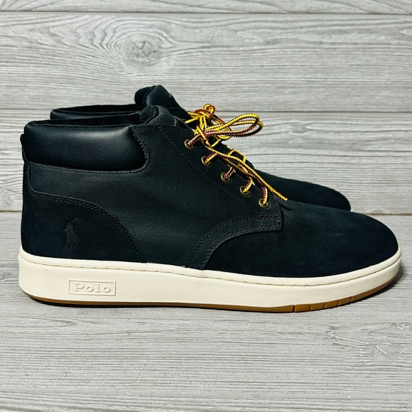 Polo Ralph Lauren Sneaker Boot Black Leather BO-LCB‎ Mens Size 14 Suede Lace up - Picture 1 of 10